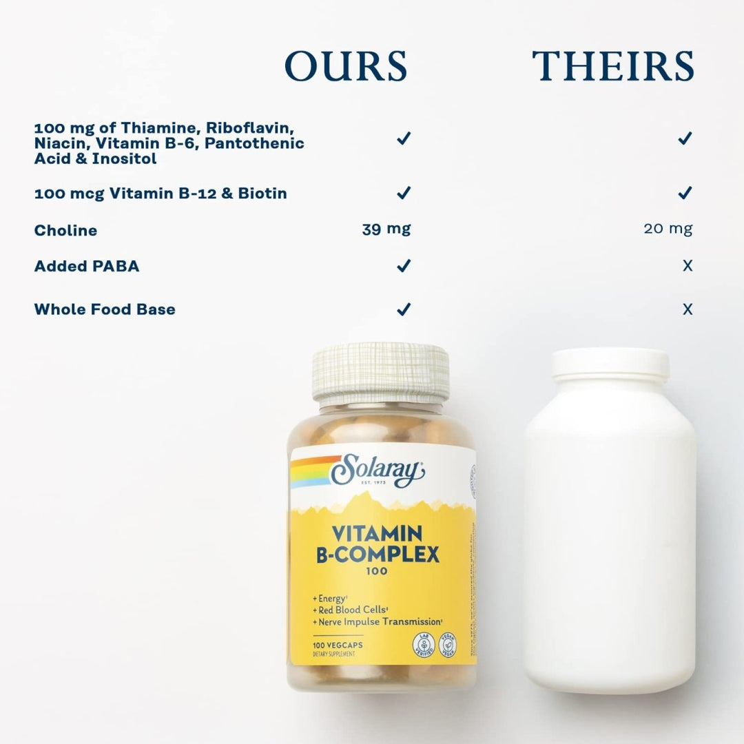 SOLARAY Vitamin B - Complex 100 mg - Vital Support for Energy, Blood Cells & Nerves - 100 VegCaps (100 Count) - The Oasis of Health