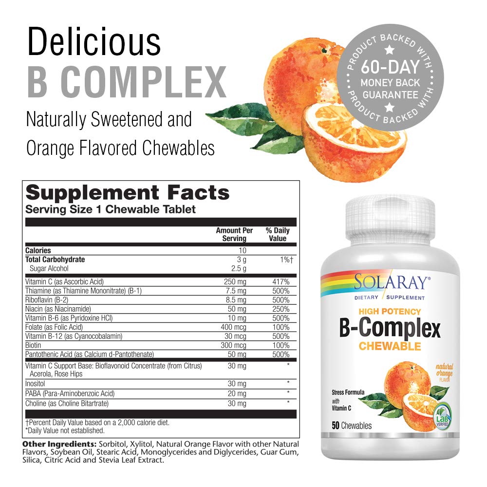 Solaray Vitamin B - Complex 250mg Natural Orange Flavor | Healthy Hair, Skin, Immune Function & Metabolism Support | Lab Verified | 50 Chewables - The Oasis of Health