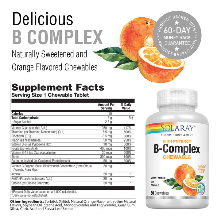 Solaray Vitamin B - Complex 250mg Natural Orange Flavor | Healthy Hair, Skin, Immune Function & Metabolism Support | Lab Verified | 50 Chewables - The Oasis of Health