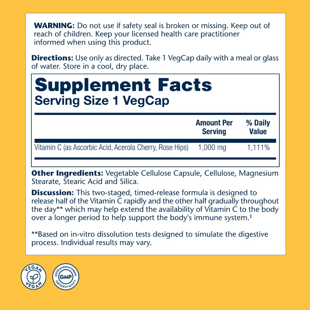 SOLARAY Vitamin C 1000mg Timed Release Capsules with Rose Hips & Acerola Bioflavonoids, Two - Stage for High Absorption & All Day Immune Function Support, 60 Day Guarantee, 250 Servings, 250 VegCaps - The Oasis of Health