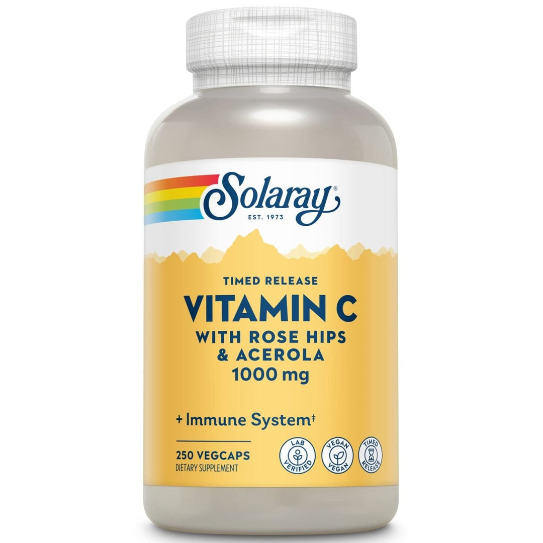 SOLARAY Vitamin C 1000mg Timed Release Capsules with Rose Hips & Acerola Bioflavonoids, Two - Stage for High Absorption & All Day Immune Function Support, 60 Day Guarantee, 250 Servings, 250 VegCaps - The Oasis of Health