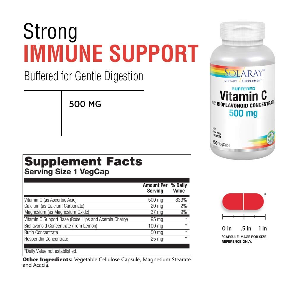 SOLARAY Vitamin C w/Bioflavonoid Complex 500mg Buffered for Easy Digestion Healthy Immune System, Collagen Synthesis & Antioxidant Support 250 VegCaps - The Oasis of Health