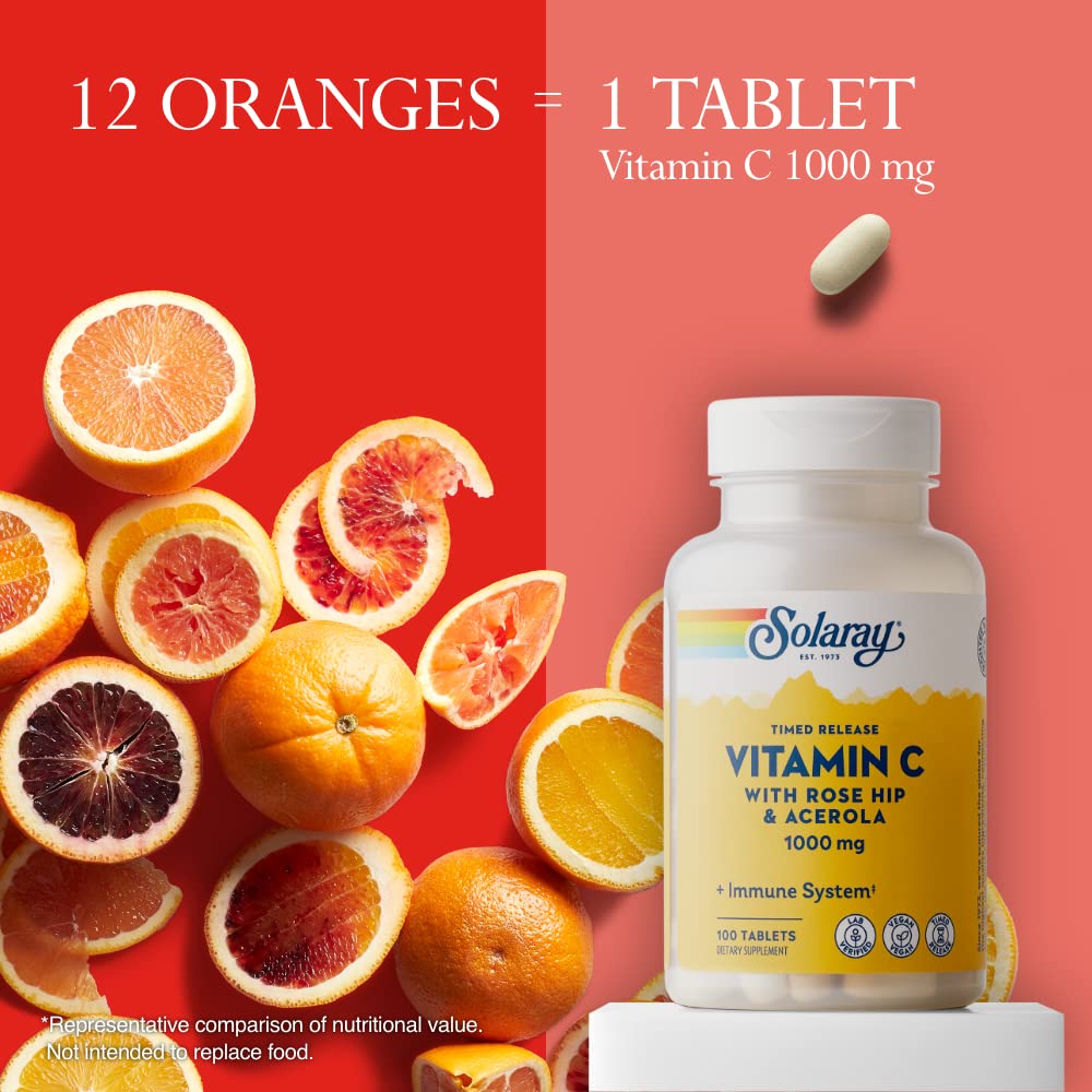 SOLARAY Vitamin C w/Rose Hips & Acerola, 1000mg, Two - Stage Timed - Release Healthy Immune Function (250 Tabs) (100 Servings, 100 Tablets) - The Oasis of Health