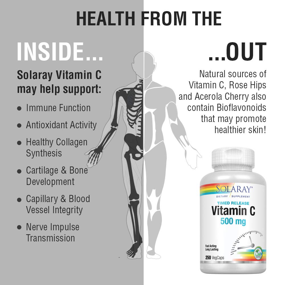 SOLARAY Vitamin C w/Rose Hips &amp; Acerola | 500mg | Two - Stage, Timed - Release Healthy Immune Function, Skin, Hair &amp; Nails Support | Non - GMO | 250 CT - The Oasis of Health