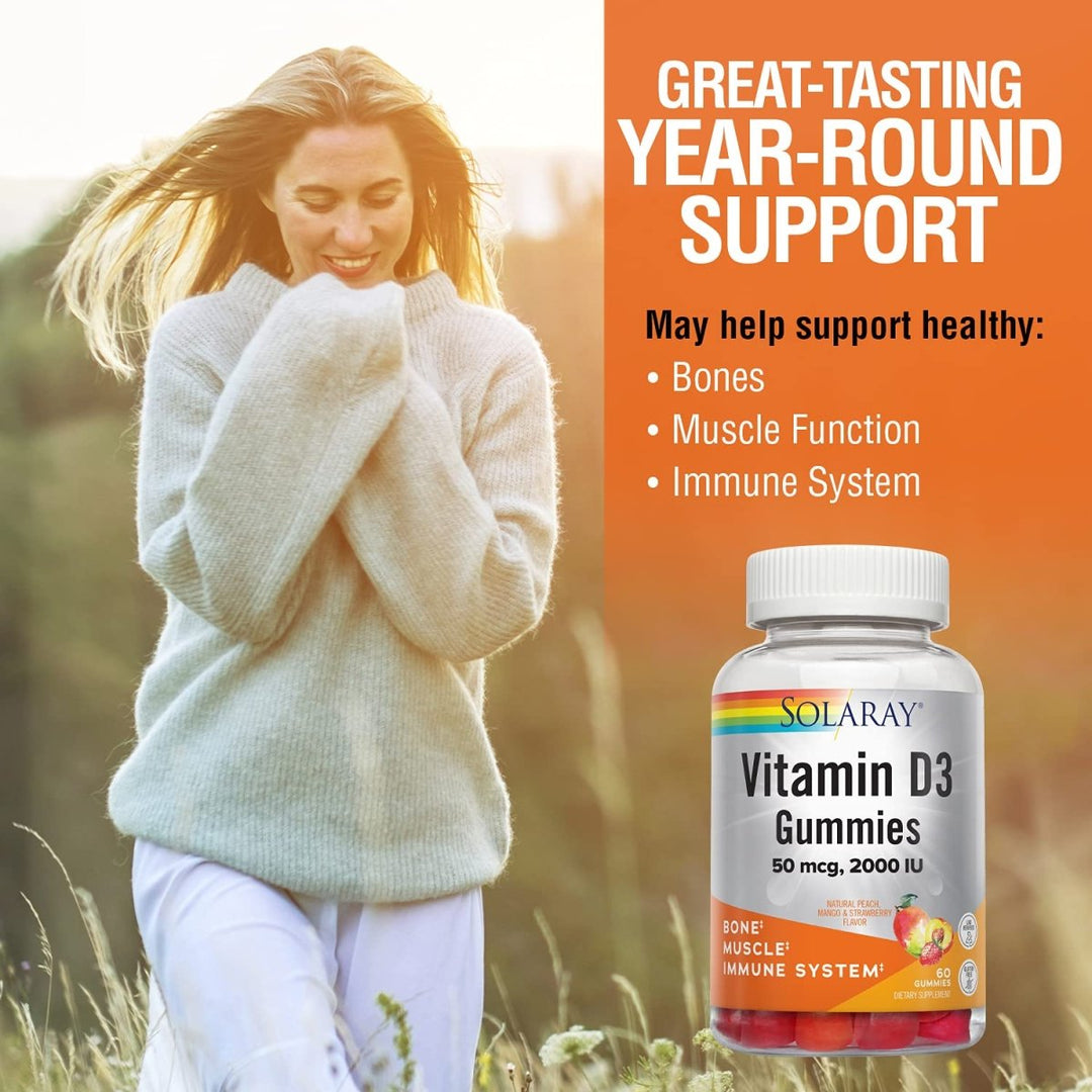 SOLARAY Vitamin D3 Gummies 50 mcg, 2000 IU | Healthy Bone, Muscle & Immune System Support | Gluten Free | 30 Serv, 60 Ct 67229 - The Oasis of Health