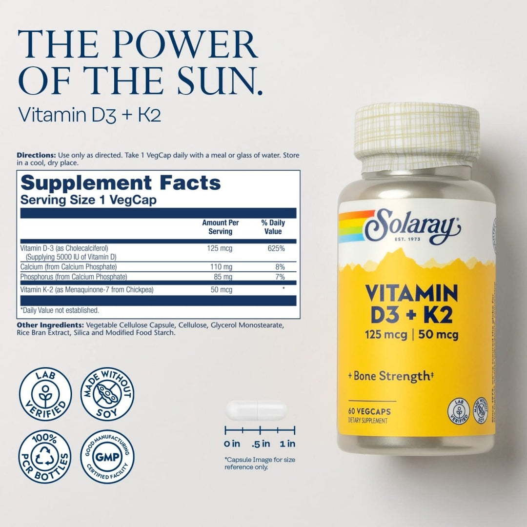 SOLARAY Vitamin D3 K2, K2 D3 Vitamin Supplement for Calcium Absorption, Bone Strength, Cardiovascular & Immune Function Support, Made Without Soy, 60 - Day Guarantee, 60 Servings, 60 VegCaps - The Oasis of Health