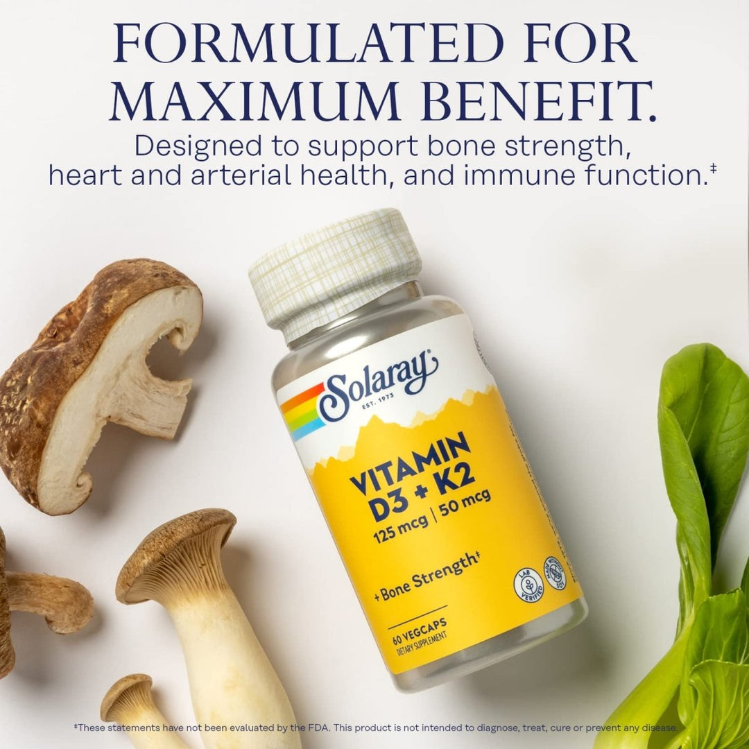 SOLARAY Vitamin D3 K2, K2 D3 Vitamin Supplement for Calcium Absorption, Bone Strength, Cardiovascular & Immune Function Support, Made Without Soy, 60 - Day Guarantee, 60 Servings, 60 VegCaps - The Oasis of Health