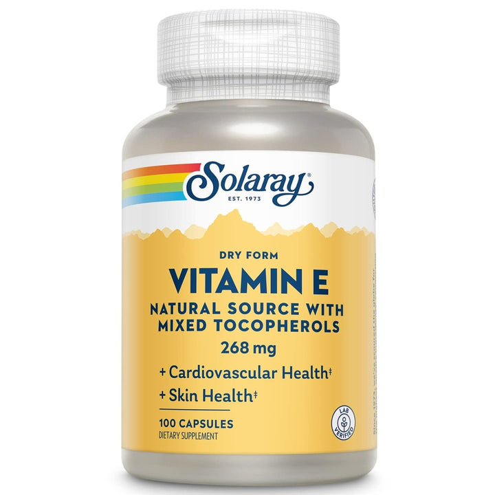 SOLARAY Vitamin E, Dry 400 IU w/Mixed Tocopherols Non - Oily Healthy Cardiac Function, Antioxidant Activity & Skin Health Support 100 Capsules - The Oasis of Health