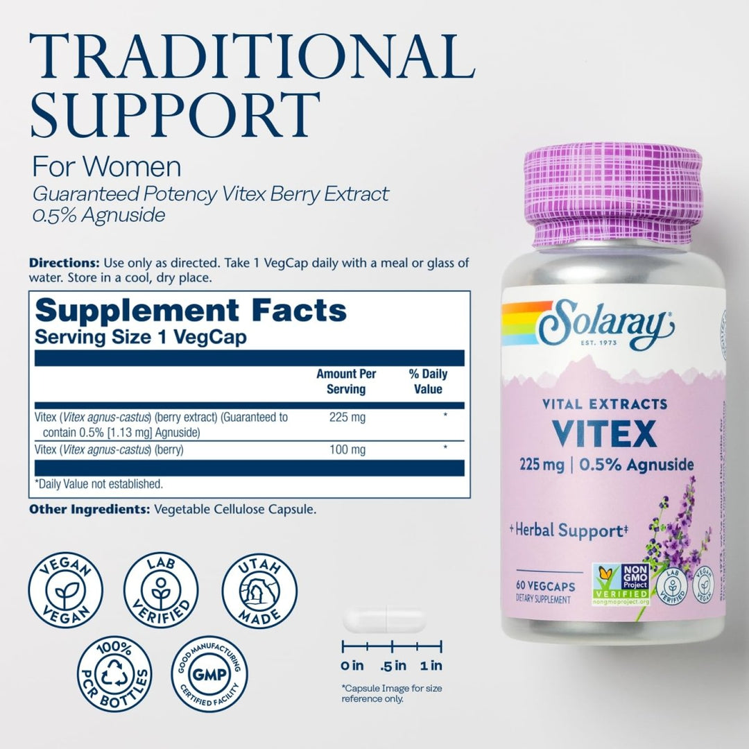 SOLARAY Vitex Berry Extract 225 mg - Chasteberry Supplement for Women - Traditional Hormone Balance Support - Chaste Tree Berry - Vegan, Lab Verified - 60 Servings, 60 VegCaps - The Oasis of Health