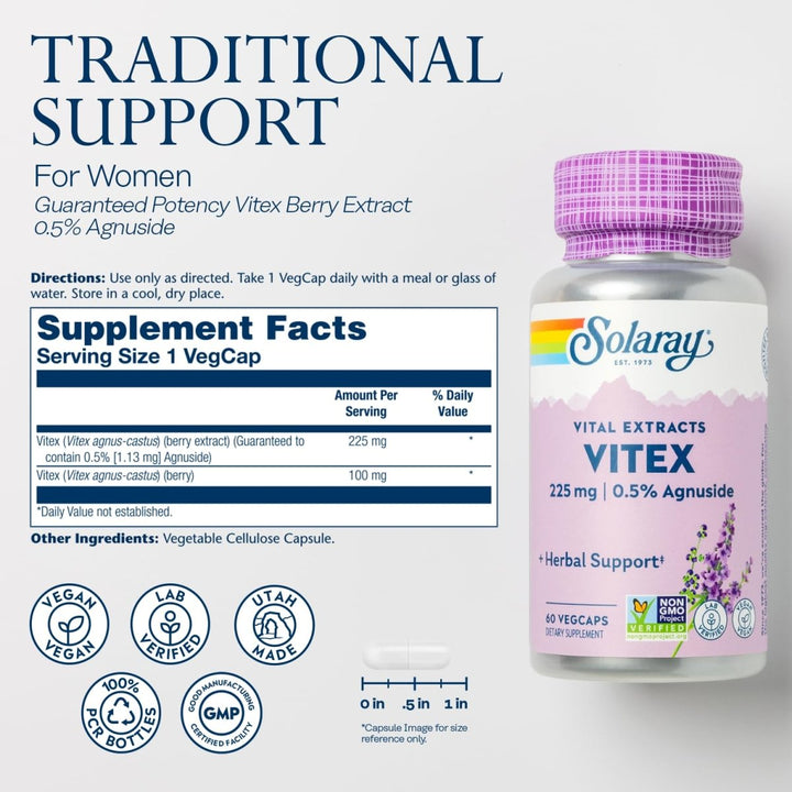 SOLARAY Vitex Berry Extract 225 mg - Chasteberry Supplement for Women - Traditional Hormone Balance Support - Chaste Tree Berry - Vegan, Lab Verified - 60 Servings, 60 VegCaps - The Oasis of Health