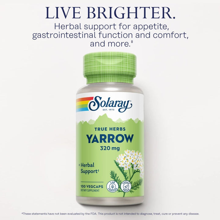 Solaray Yarrow 320 mg, Whole Aerial, Herbal Appetite and Gastrointestinal Function and Comfort Support, Lab Verified, 60 - Day Money - Back Guarantee, 100 Servings, 100 VegCaps - The Oasis of Health