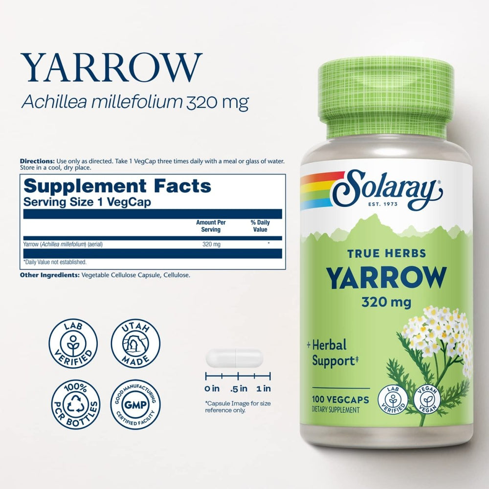 Solaray Yarrow 320 mg, Whole Aerial, Herbal Appetite and Gastrointestinal Function and Comfort Support, Lab Verified, 60 - Day Money - Back Guarantee, 100 Servings, 100 VegCaps - The Oasis of Health