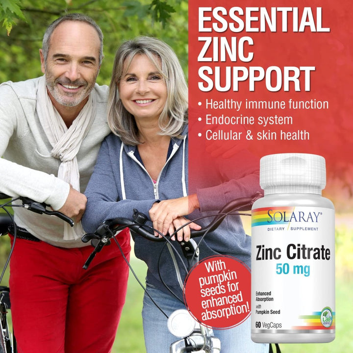 Solaray Zinc Citrate 50mg | Immune Function, Cellular & Skin Health Support | Easy Digestion Formula | 60ct - The Oasis of Health