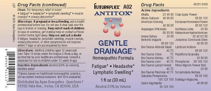 Gentle Drainage (A2) 1oz, Apex Energetics - Supplement Facts panel