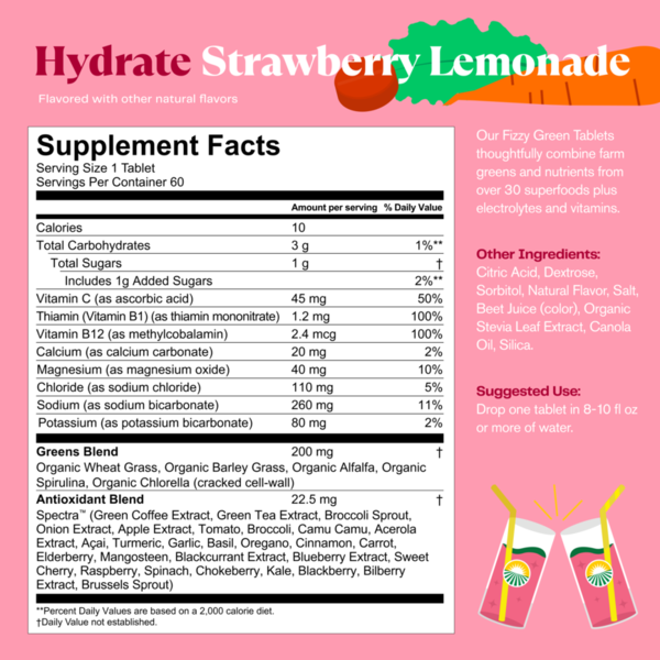Amazing Grass Green Superfood Hydrate Strawberry Lemonade - Supplement Facts panel
