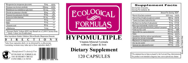 Ecological Formulations Hypomultiple Without Copper &amp; Iron 120 Capsules - Supplement Facts panel