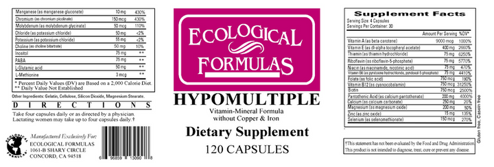 Ecological Formulations Hypomultiple Without Copper &amp; Iron 120 Capsules - Supplement Facts panel