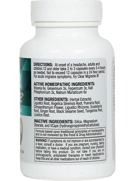 Clear Products Clear Headache 60 Capsules - CX0001 - Supplement Facts panel