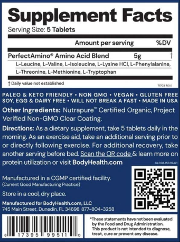 BodyHealth PerfectAmino 150 Tablets - Supplement Facts panel