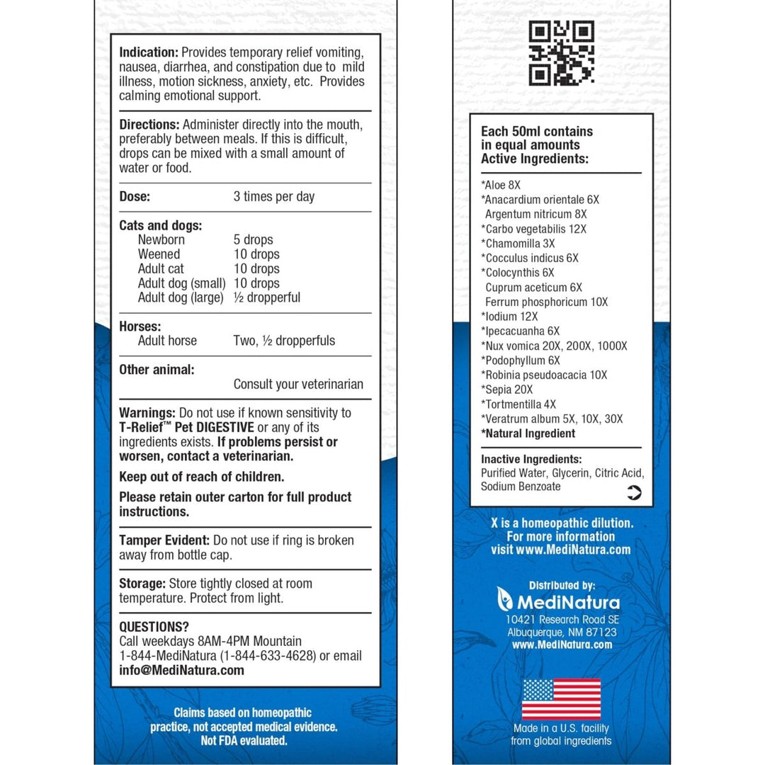 T - Relief Pet Digestive Complete GI Relief Drops for Dog & Cat Soothing Aloe + 13 Natural Homeopathic Actives Help Calm Nausea & Diarrhea from Mild Illness Food Stress or Motion Sickness - 1.69 oz - The Oasis of Health