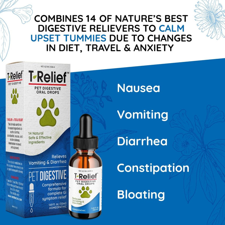 T - Relief Pet Digestive Complete GI Relief Drops for Dog & Cat Soothing Aloe + 13 Natural Homeopathic Actives Help Calm Nausea & Diarrhea from Mild Illness Food Stress or Motion Sickness - 1.69 oz - The Oasis of Health