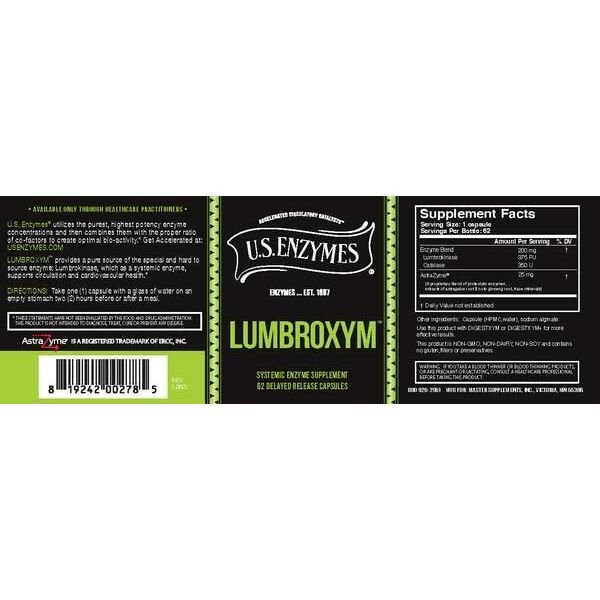 USAEnzymes U.S. Enzymes Lumbroxym Targeted Systemic Enzyme 62 Delayed Release Capsues. Helps Crculation and Blood Pressure. Supports Cardiovascular and Circulatory Health. - The Oasis of Health