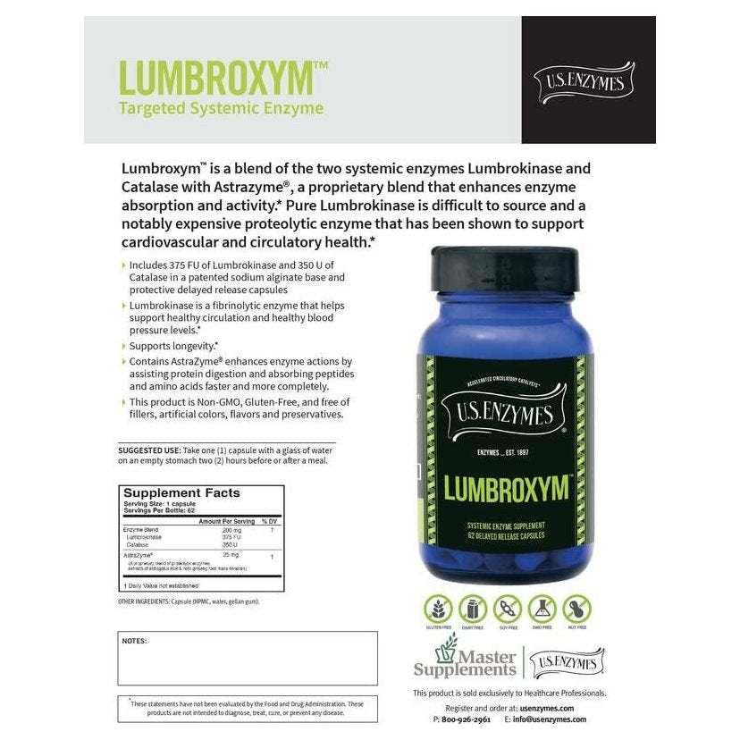 USAEnzymes U.S. Enzymes Lumbroxym Targeted Systemic Enzyme 62 Delayed Release Capsues. Helps Crculation and Blood Pressure. Supports Cardiovascular and Circulatory Health. - The Oasis of Health