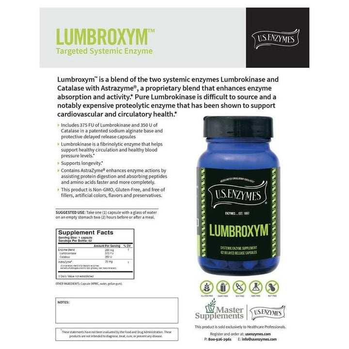 USAEnzymes U.S. Enzymes Lumbroxym Targeted Systemic Enzyme 62 Delayed Release Capsues. Helps Crculation and Blood Pressure. Supports Cardiovascular and Circulatory Health. - The Oasis of Health