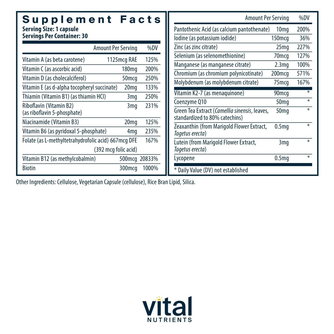 Vital Nutrients Once Daily Multivitamin | Vegan Multi for Women & Men | Allergen - Free | 19 Essential Vitamins + Antioxidants for Eye and Heart Health | Gluten, Dairy & Soy - Free | 30 Capsules - The Oasis of Health