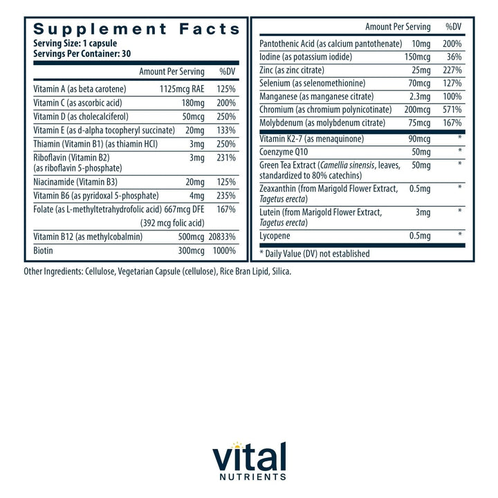 Vital Nutrients Once Daily Multivitamin | Vegan Multi for Women & Men | Allergen - Free | 19 Essential Vitamins + Antioxidants for Eye and Heart Health | Gluten, Dairy & Soy - Free | 30 Capsules - The Oasis of Health