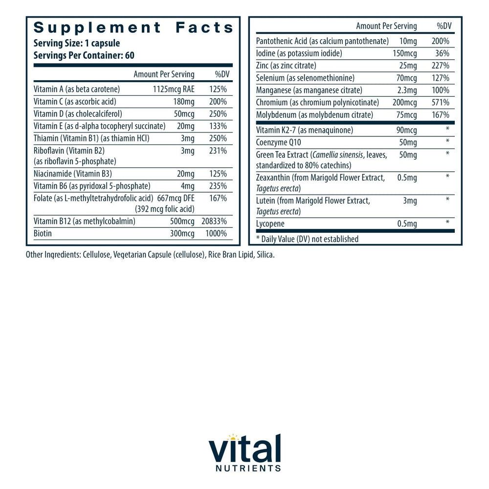 Vital Nutrients Once Daily Multivitamin | Vegan Multi for Women & Men | Allergen - Free | 19 Essential Vitamins + Antioxidants for Eye and Heart Health | Gluten, Dairy & Soy - Free | 60 Capsules - The Oasis of Health