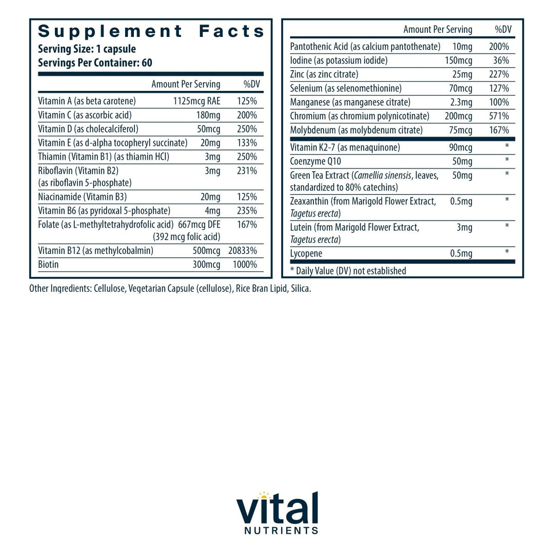Vital Nutrients Once Daily Multivitamin | Vegan Multi for Women & Men | Allergen - Free | 19 Essential Vitamins + Antioxidants for Eye and Heart Health | Gluten, Dairy & Soy - Free | 60 Capsules - The Oasis of Health