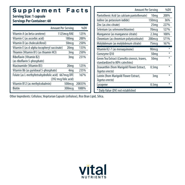 Vital Nutrients Once Daily Multivitamin | Vegan Multi for Women & Men | Allergen - Free | 19 Essential Vitamins + Antioxidants for Eye and Heart Health | Gluten, Dairy & Soy - Free | 60 Capsules - The Oasis of Health