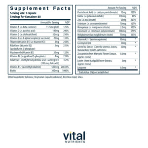 Vital Nutrients Once Daily Multivitamin | Vegan Multi for Women & Men | Allergen - Free | 19 Essential Vitamins + Antioxidants for Eye and Heart Health | Gluten, Dairy & Soy - Free | 60 Capsules - The Oasis of Health