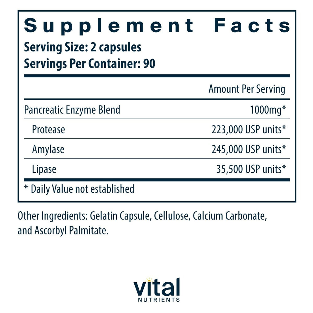 Vital Nutrients Pancreatic Enzymes 1000mg 180 Capsules - The Oasis of Health