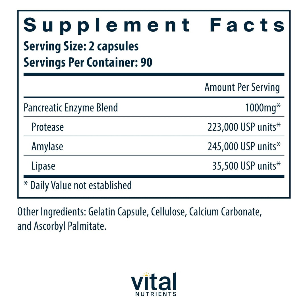 Vital Nutrients Pancreatic Enzymes 1000mg 180 Capsules - The Oasis of Health