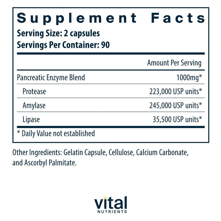 Vital Nutrients Pancreatic Enzymes 1000mg 180 Capsules - The Oasis of Health