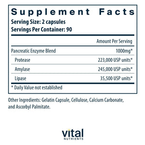 Vital Nutrients Pancreatic Enzymes 1000mg 180 Capsules - The Oasis of Health
