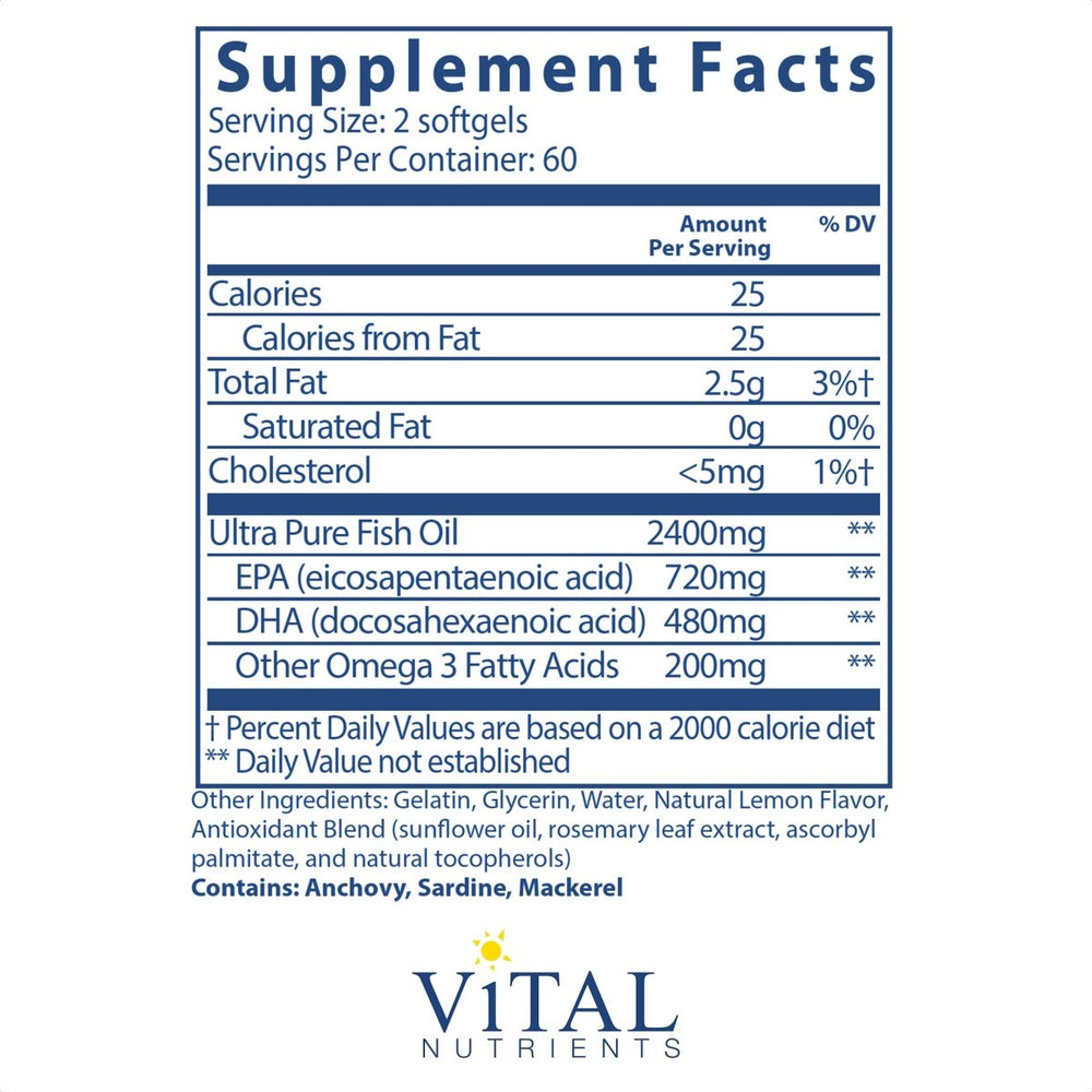 Vital Nutrients Ultra Pure Fish Oil 700 120 Softgels - The Oasis of Health