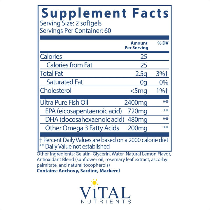 Vital Nutrients Ultra Pure Fish Oil 700 120 Softgels - The Oasis of Health