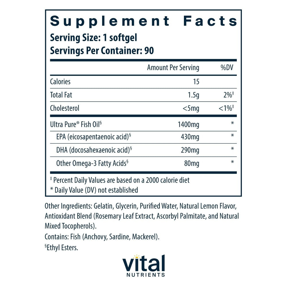 Vital Nutrients Ultra Pure Fish Oil 800 Lemon 90 Softgels - The Oasis of Health