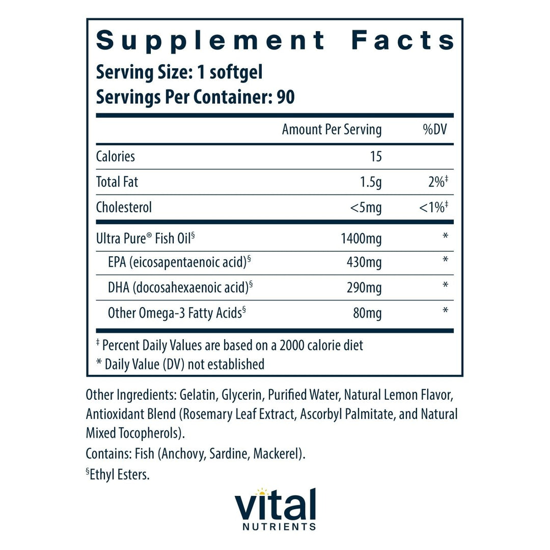 Vital Nutrients Ultra Pure Fish Oil 800 Lemon 90 Softgels - The Oasis of Health