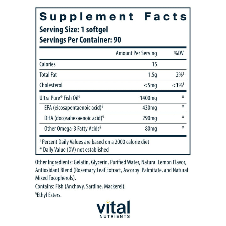 Vital Nutrients Ultra Pure Fish Oil 800 Lemon 90 Softgels - The Oasis of Health