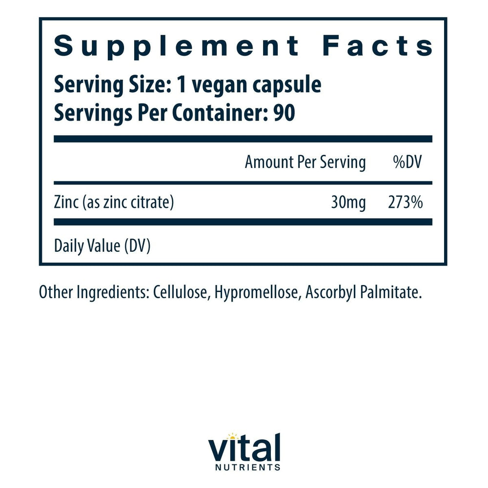 Vital Nutrients Zinc Citrate 30mg 90 Vcaps - The Oasis of Health