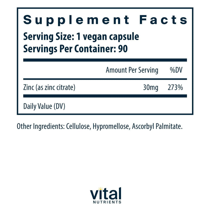 Vital Nutrients Zinc Citrate 30mg 90 Vcaps - The Oasis of Health