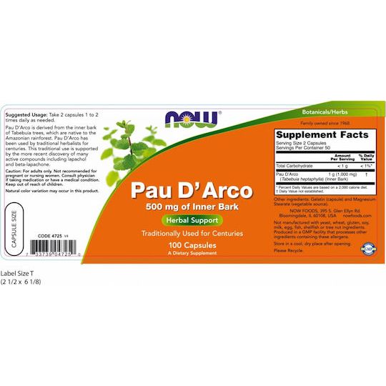Now Foods Pau D' Arco 500 mg 100 Vcaps - 4725