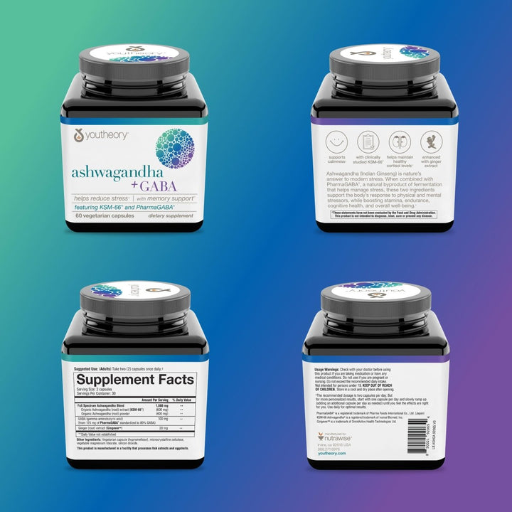 Youtheory Ashwagandha+GABA, 60 Vegetarian Capsules WI0067 - The Oasis of Health